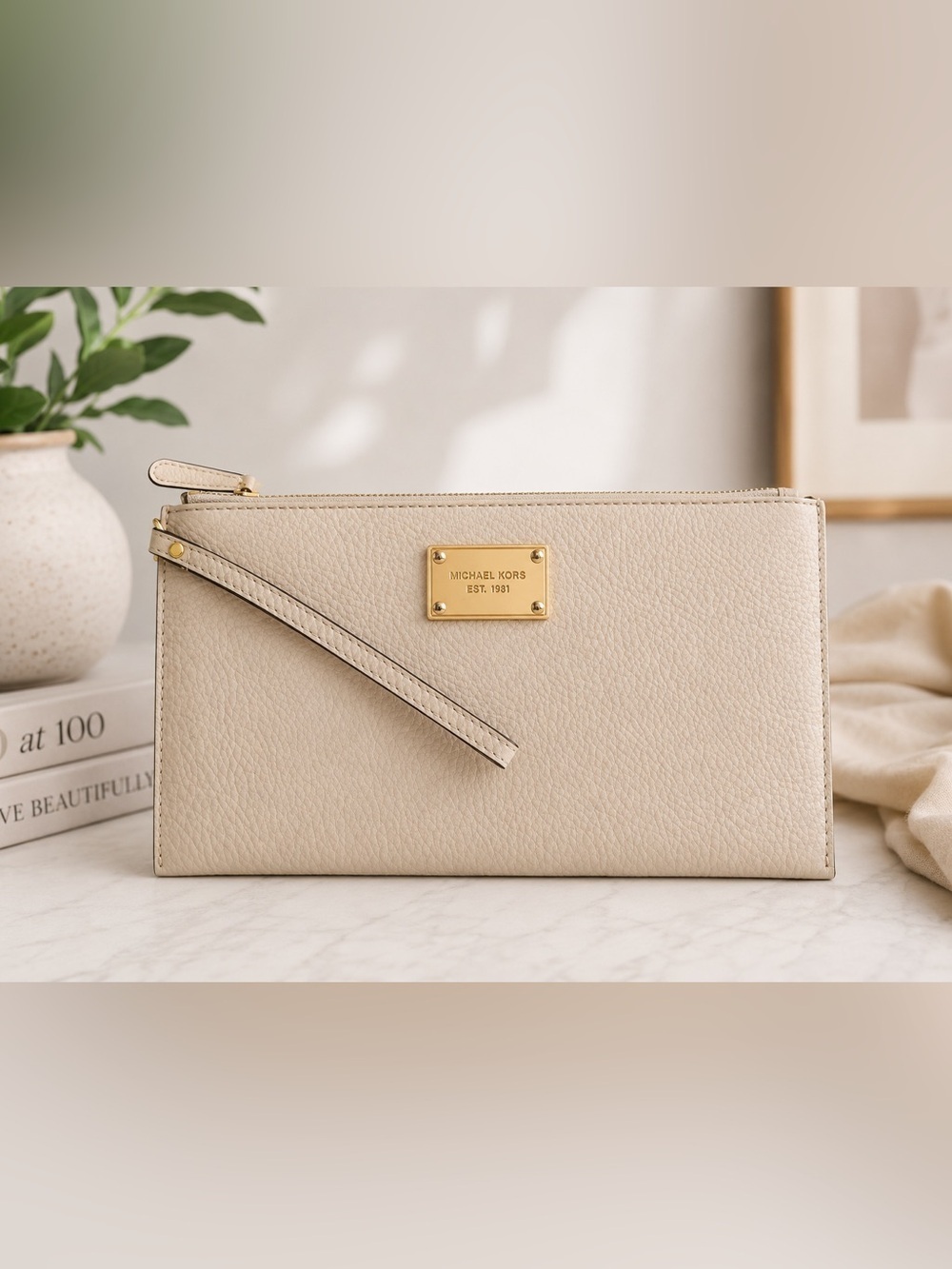 Michael Kors Tan Leather Wristlet Clutch with Gold garden - Picture 9 of 9